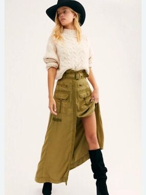 Free People Feeling of Falling Olive Cargo Maxi Skirt with Belted Waist